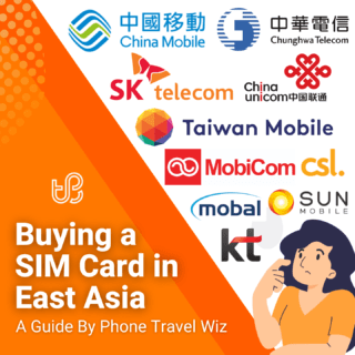 Buying a SIM Card in East Asia Guide (logos of China Mobile, Chunghwa Telecom, SK Telecom, China Unicom, Taiwan Mobile, Mobicom, csl., Mobal, Sun Mobile & KT)