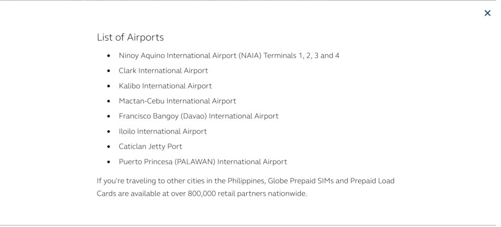 Globe Philippines Tourist SIM Card Airport List