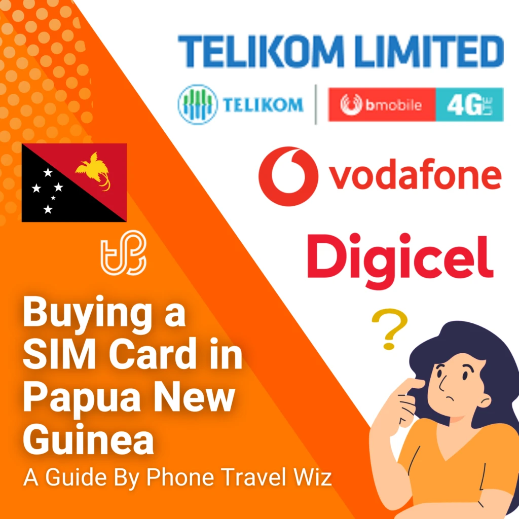 Buying a SIM Card in Papua New Guinea Guide (logos of Telikom Limited, Telikom, bmobile, Vodafone & Digicel)