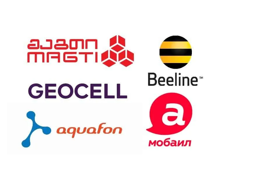 Logos of Telecom Providers in Georgia and Abkhazia: Magticom, Beeline, Aquafon, Geocell