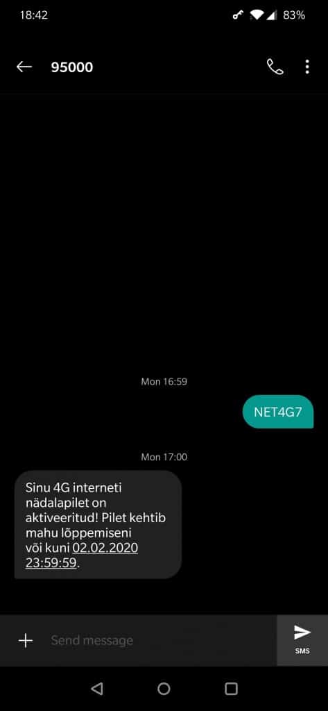 Sending the activation code NET4G7 to 95000 to activate my data pack