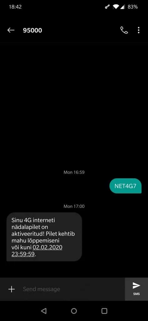 Sending the activation code NET4G7 to 95000 to activate my data pack