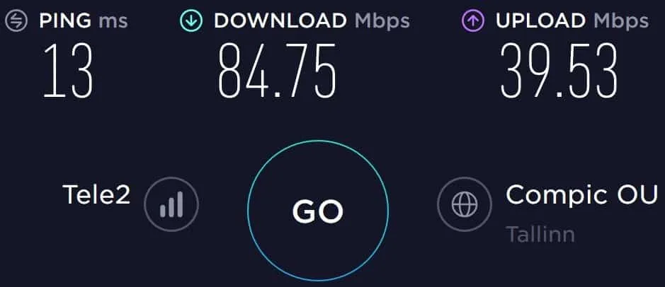 Tele2 Estonia speed test results in the Old Town of Tallinn