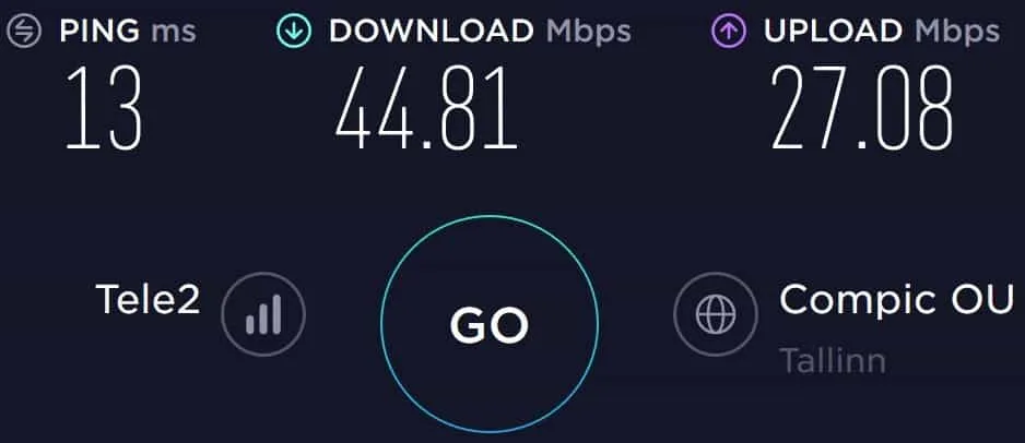 Tele2 Estonia speed test results at Tallinn Airport