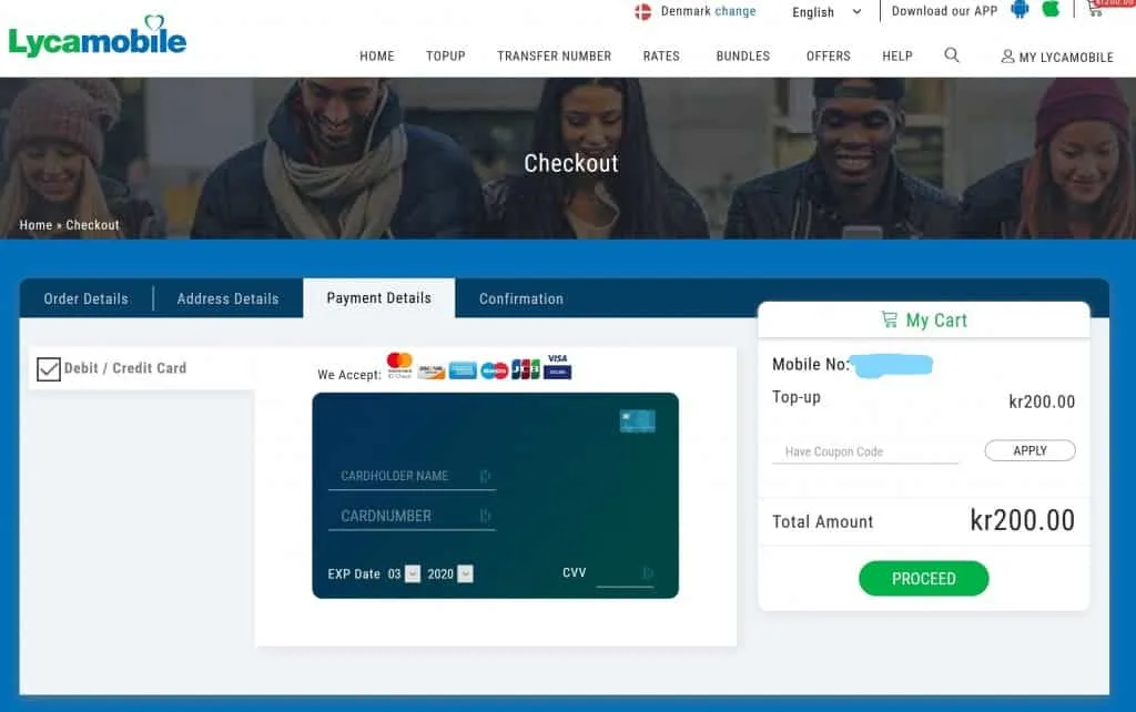 Lycamobile Denmark checkout page