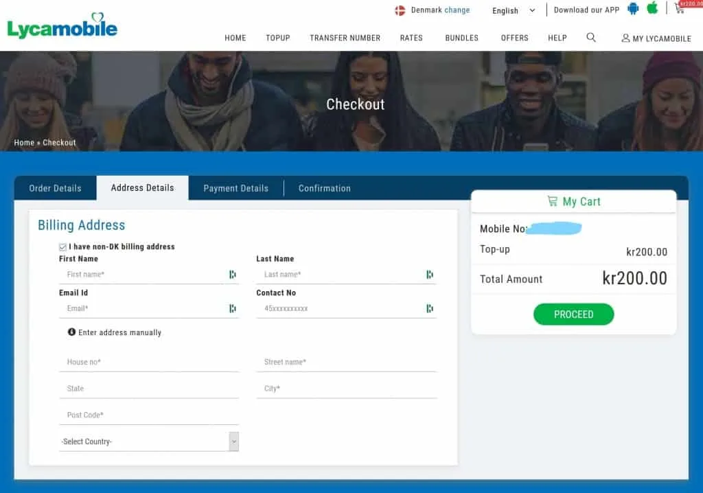 Lycamobile Denmark personal details page