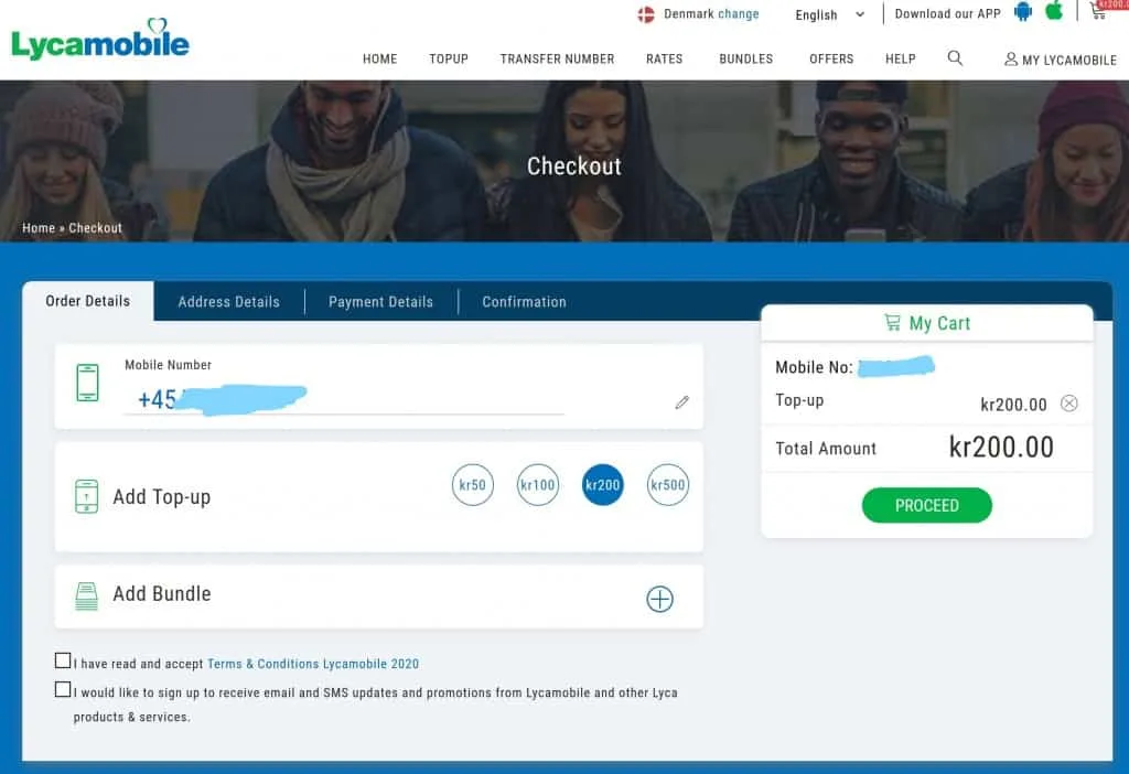 Lycamobile Denmark top up page