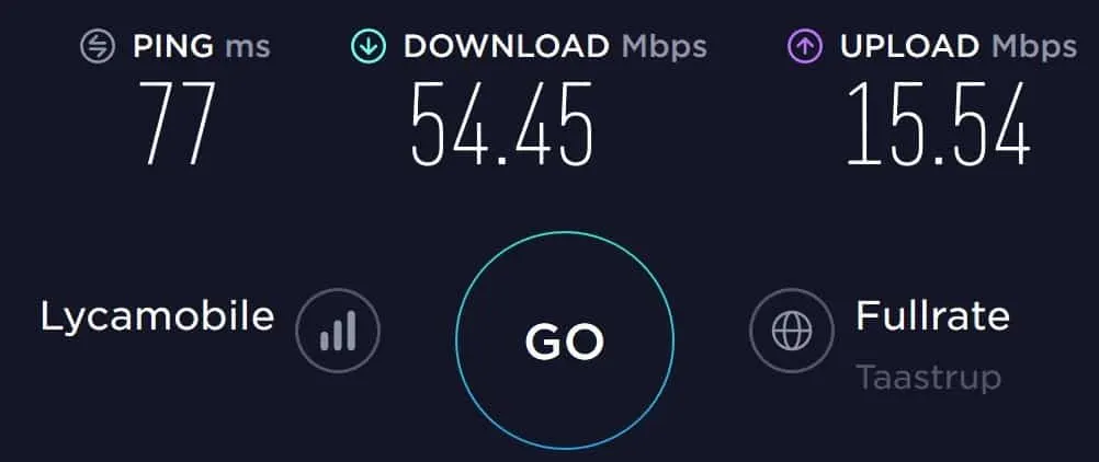 Lycamobile Denmark speed test at my Airbnb in Nykoebing Falster