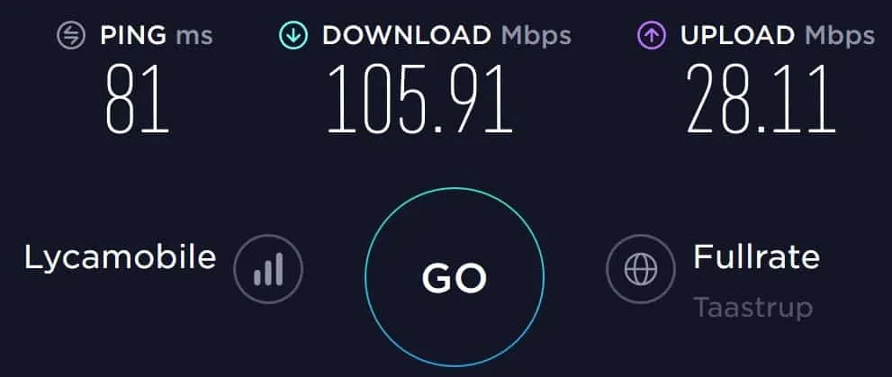 Lycamobile Denmark speed test at Copenhagen Central Station