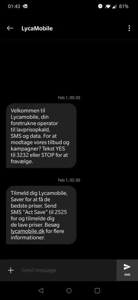 Lycemobile Denmark asking whether you want to receive text ads or not 