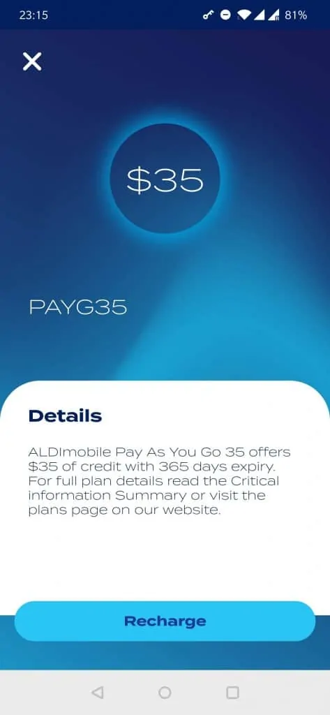 ALDImobile $35 Pay As You Go credit plan shown on the ALDImobile app