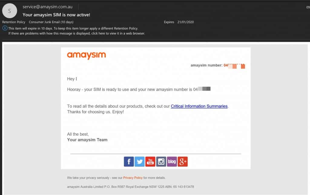 Amaysim SIM card activation confirmation email