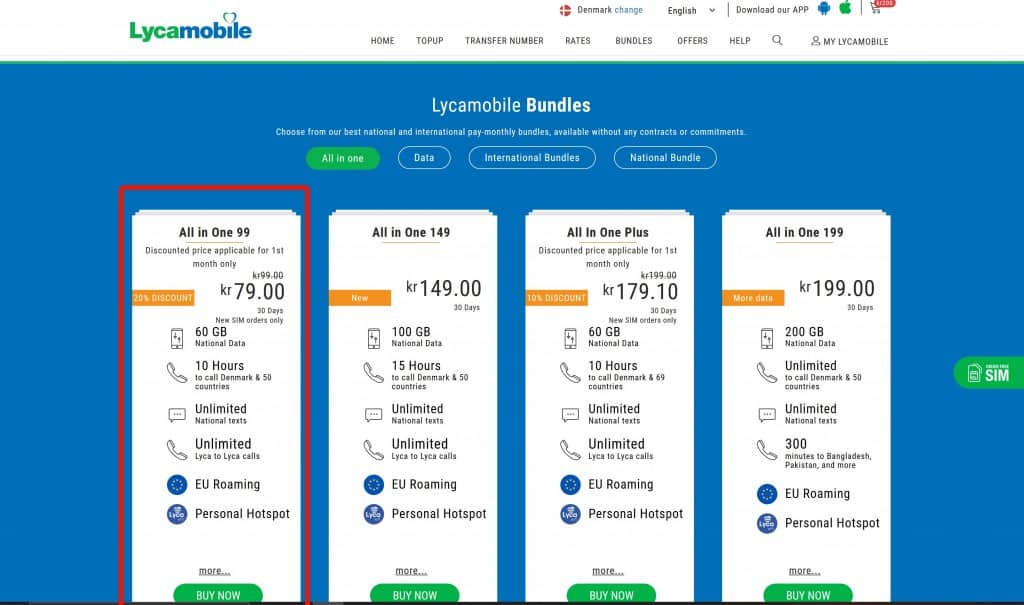 Lycamobile Denmark bundles on the homepage