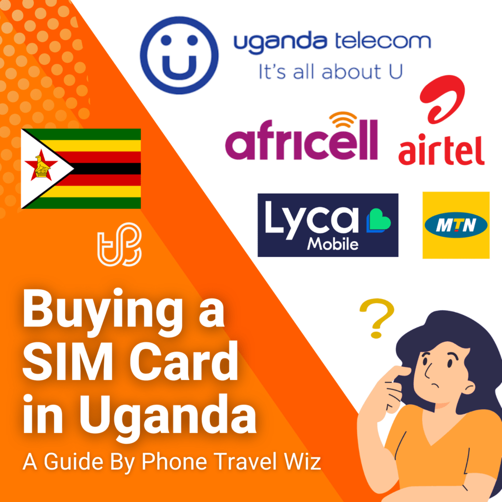 Buying a SIM Card in Uganda Guide (logos of Uganda telecom, Africell, Airtel, Lyca Mobile & MTN)