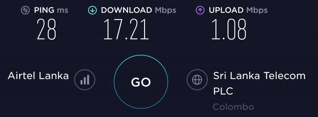 Airtel Sri Lanka Speed test in Colombo