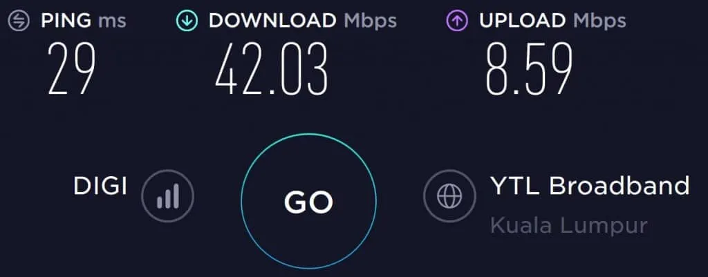 Digi speed test at a restaurant in Kuala Lumpur