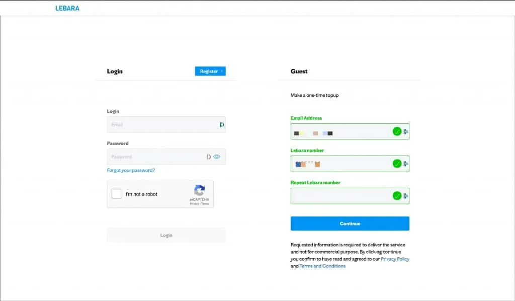 Lebara Denmark top-up steps - log in page