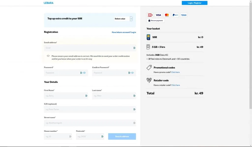 Lebara Denmark SIM card purchase steps - personal information