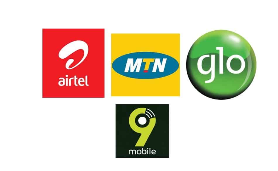 Logos of Telecom Providers in Nigeria: Airtel Nigeria, MTN Nigerial, Glo Mobile (Nigeria), and 9mobile