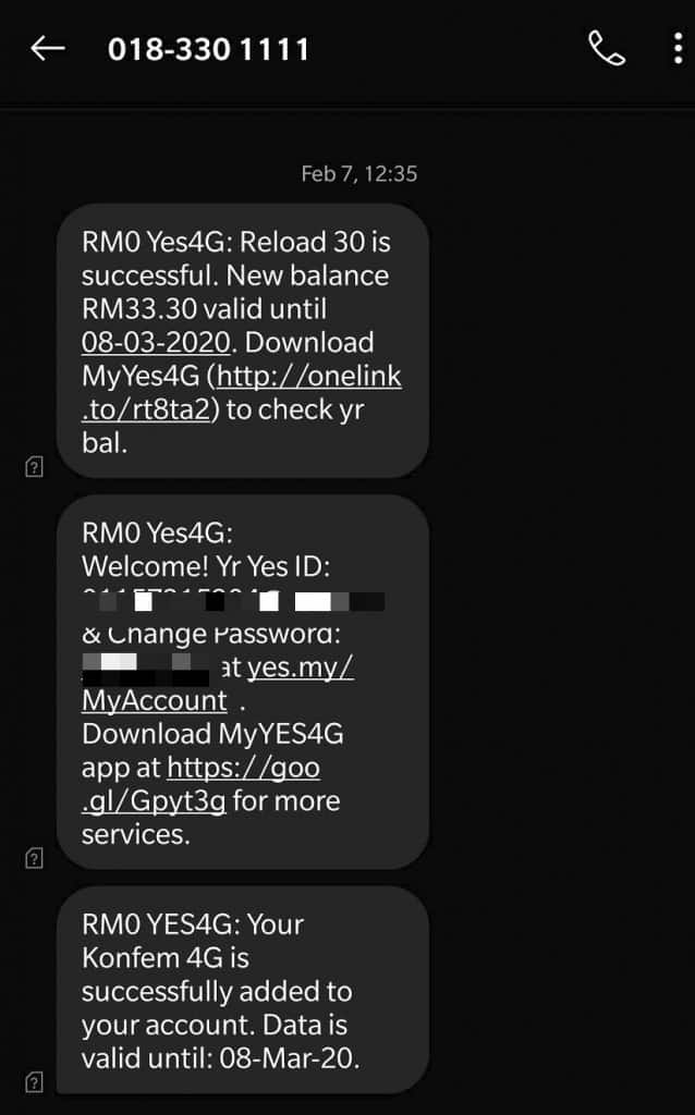 Yes Activation SMS