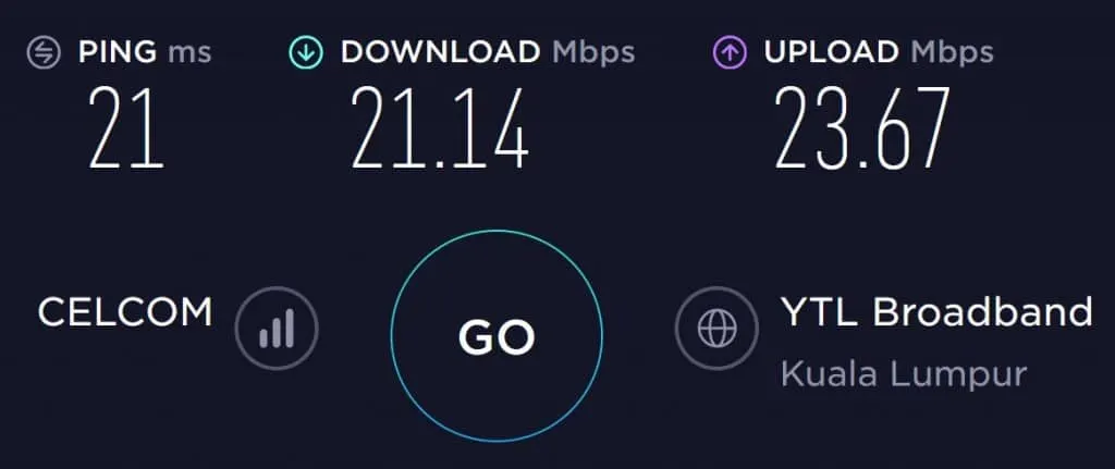 Celcom speed test result in Kuala Lumpur