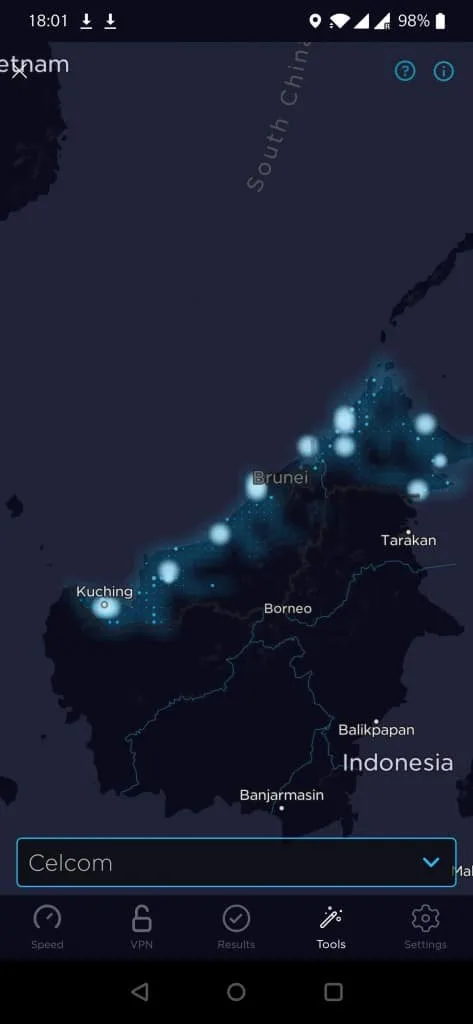 Celcom Coverage map by Speedtest (East Malaysia)