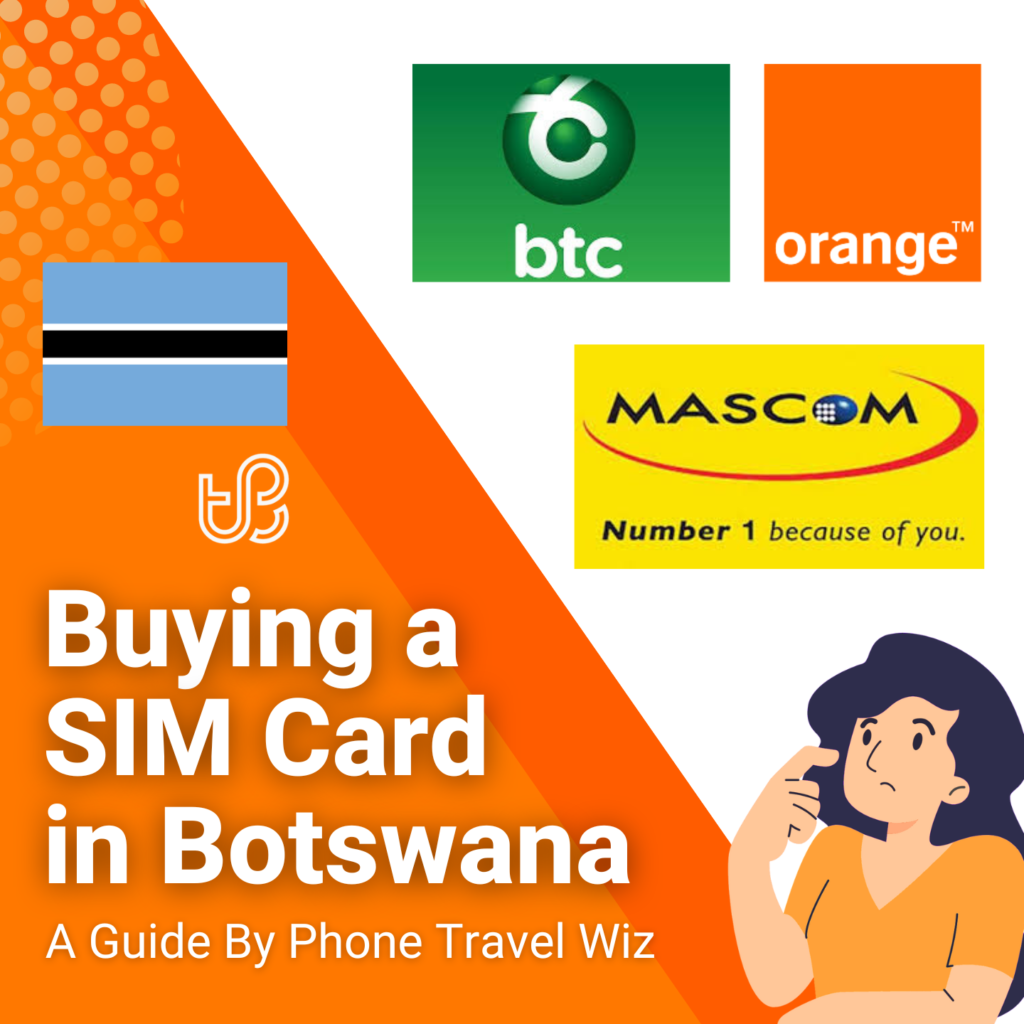 Buying a SIM Card in Botswana Guide (logos of Mascom Wireless, Orange & BTC Mobile)