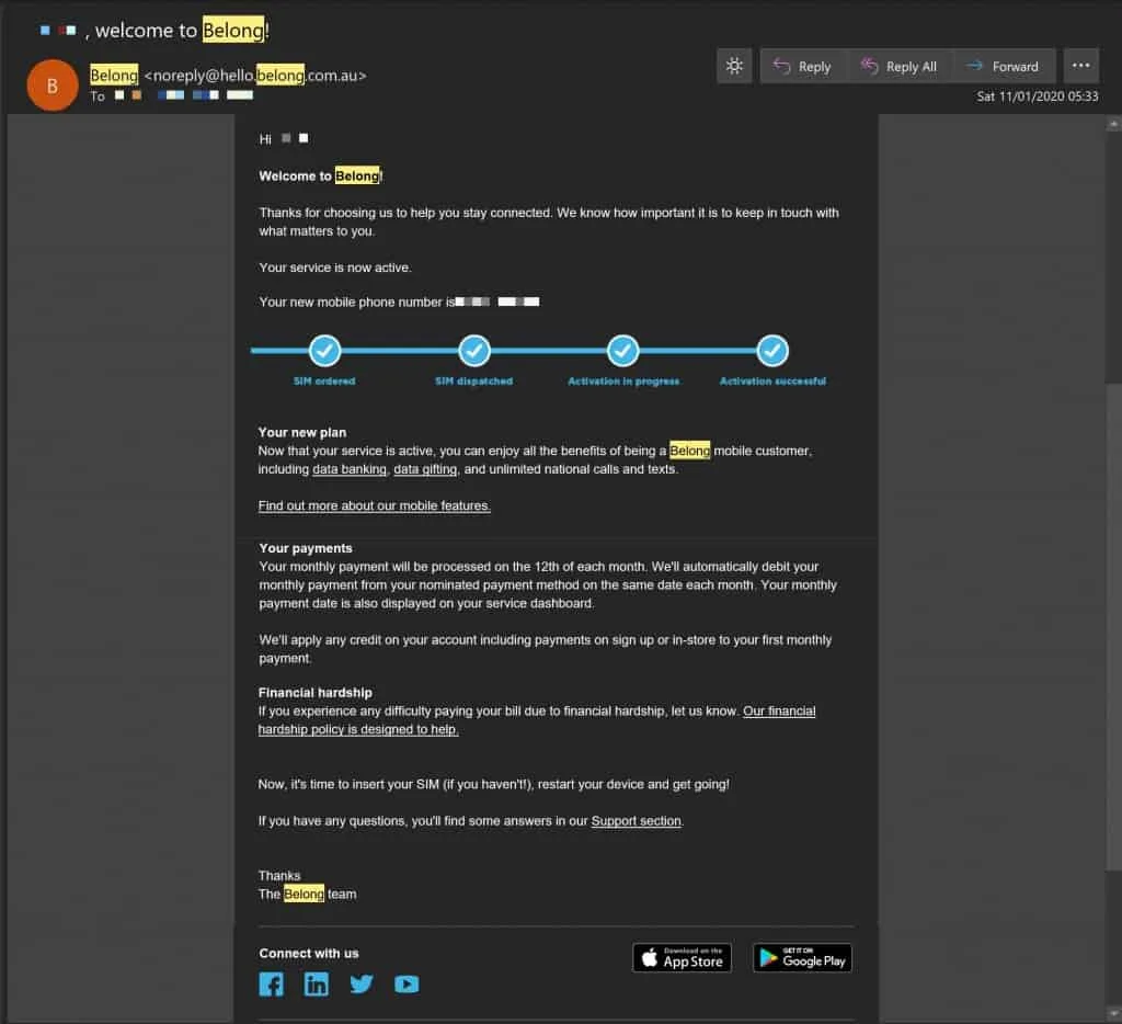 Belong Mobile SIM Card Activation Confirmation Email