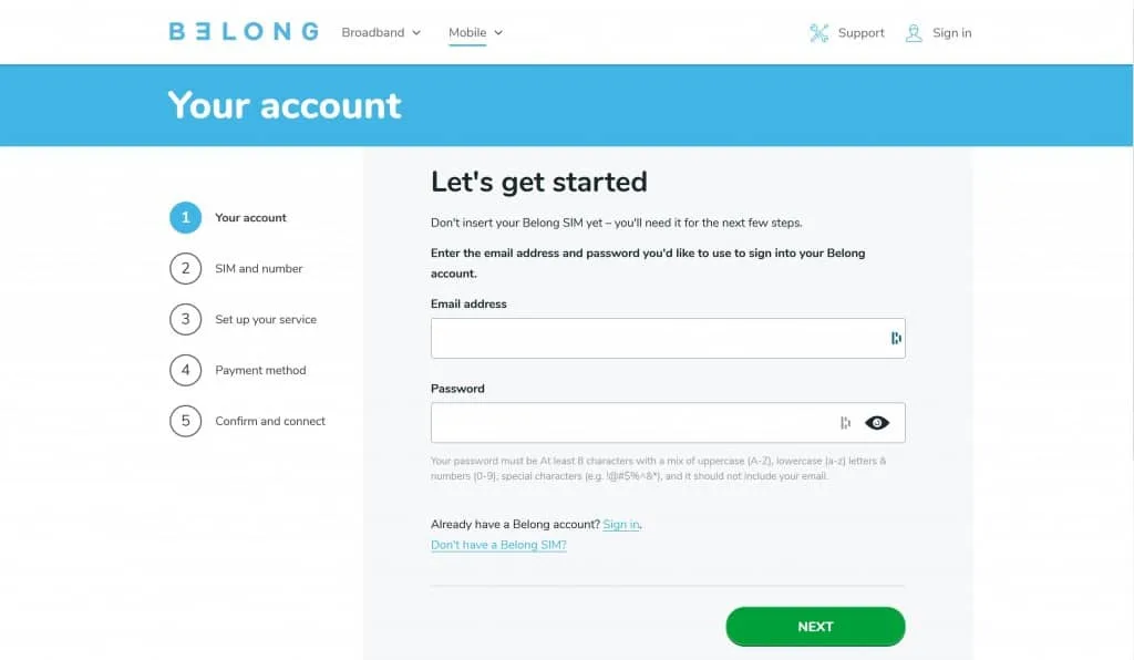 Belong SIM Card Activation Page