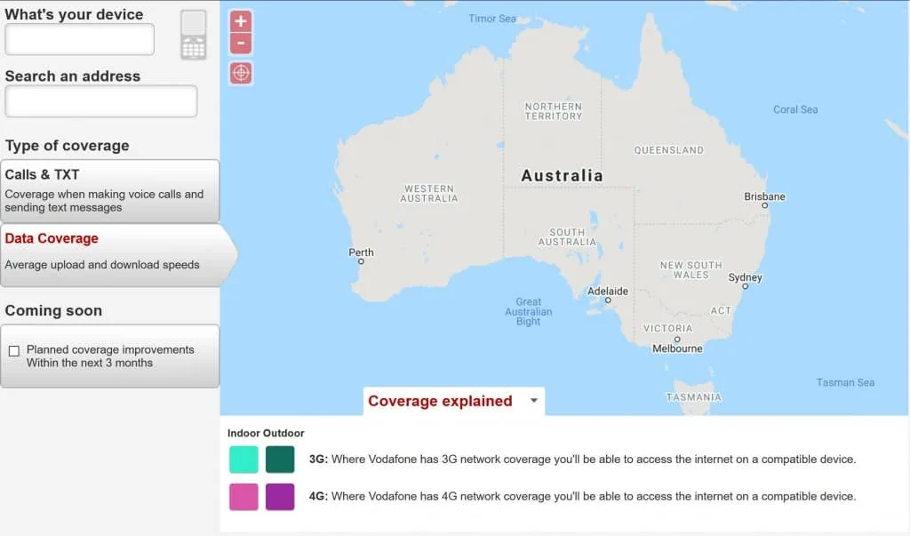 Vodafone Australia's Coverage Map with no coverage shown