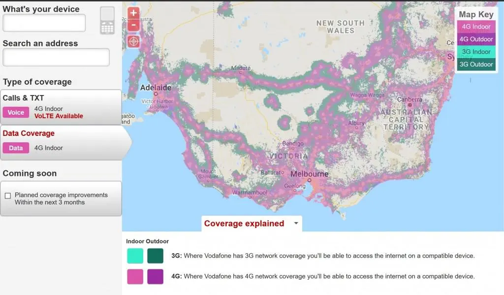 Vodafone Australia's Coverage map of Victoria, Tasmania, and the Southern part of New South Wales