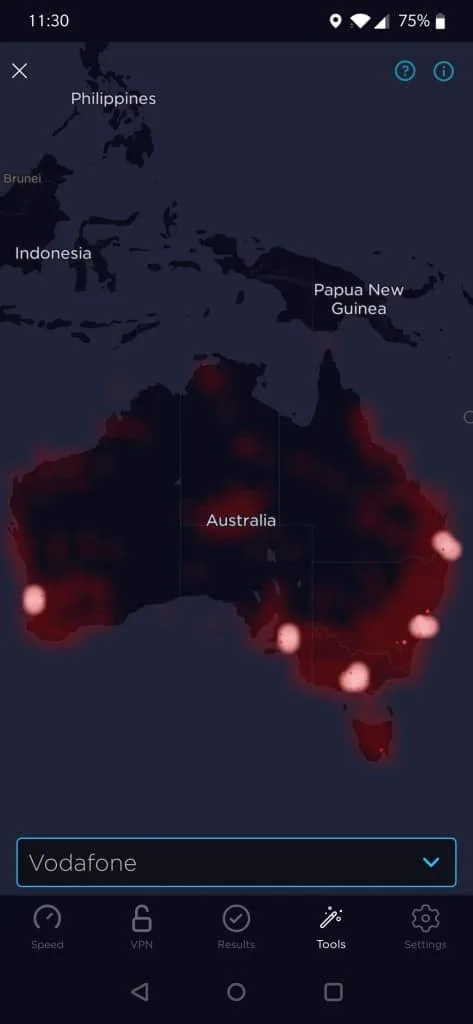 Vodafone Australia's coverage map according to the Speedtest App
