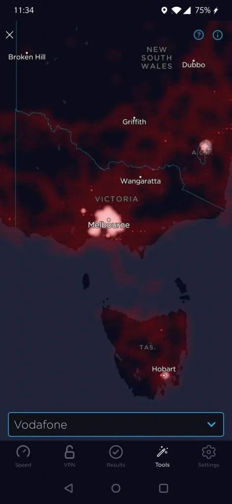 Vodafone Australia Coverage Map according to the Speedtest App (showing Victoria, Tasmania, and a part of New South Wales)