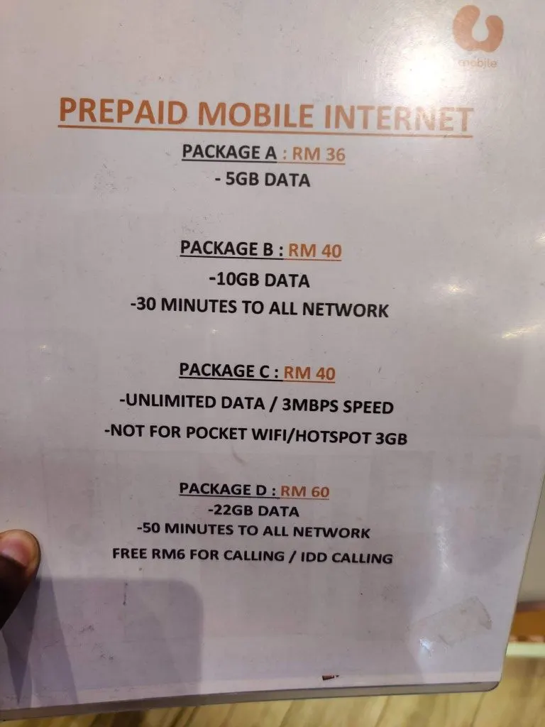 Unknown U Mobile Prepaid Plans sold in a U Mobile Service Center in Kuala Lumpur