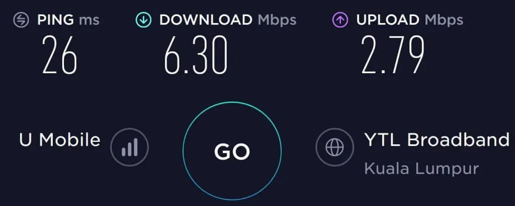 U Mobile speed test in Pavillion Mall in Kuala Lumpur