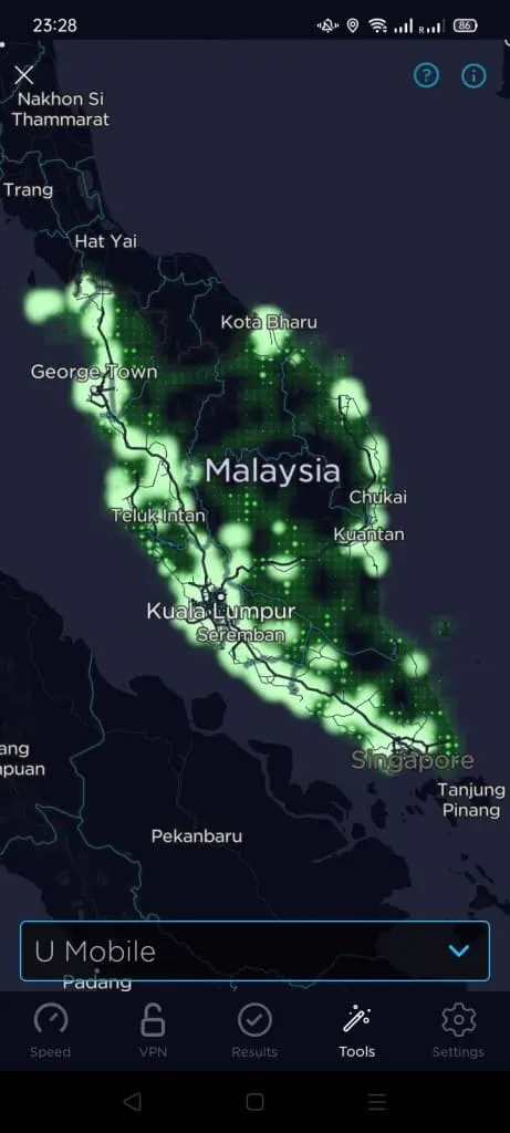 U Mobile Coverage Map according to Speedtest.net