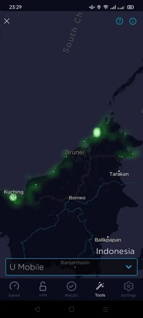 U Mobile Coverage Map according to Speedtest.net