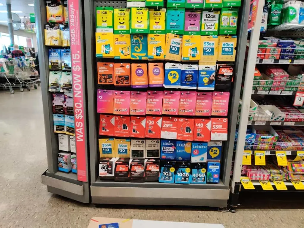 Australian SIM Cards sold at a Woolworths
