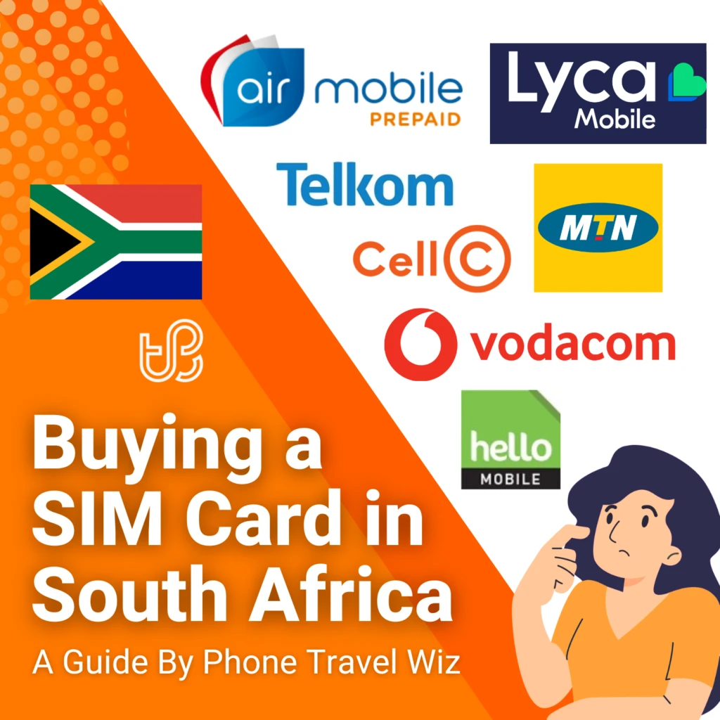 Buying a SIM Card in South Africa Guide (logos of MTN, Vodacom, Cell C, Telkom, Air Mobile, Lycamobile, Trace Mobile & Virgin Mobile)