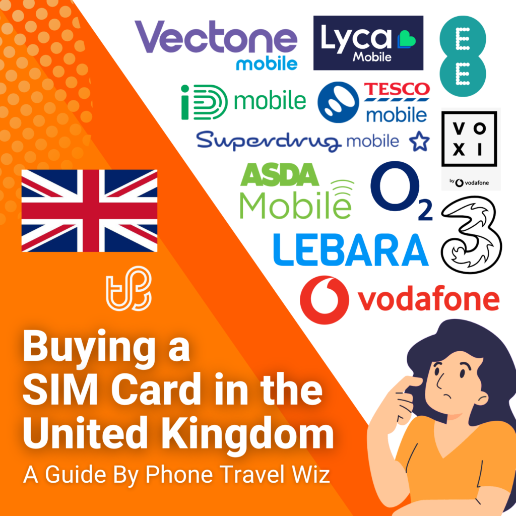 Buying a SIM Card in the United Kingdom Guide (logos of EE, Vodafone, 3/Three, O2, VOXI, ASDA Movile, GiffGaff, iD Mobile, Lebara, Lycamobile, Superdrug Mobile, Tesco Mobile, Vectone Mobile & VOXI)
