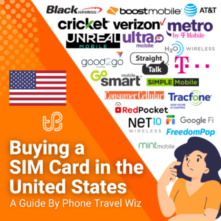 Buying a SIM Card in the United States Guide (logos of T-Mobile, AT&T, Black Wireless, Boost Mobile, Consumer Cellular, Cricket Wireless, FreedomPop, Good2Go Mobile, Google Fi, GoSmart Mobile, H2O Wireless, Lycamobile, Metro by T-Mobile, Mint Mobile, NET10 Wireless, Red Pocket Mobile, Simple Mobile, Straight Talk, TracFone, Ultra Mobile & Unreal Mobile)