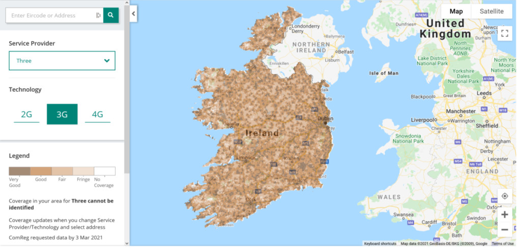 Three Ireland 3G Coverage Map