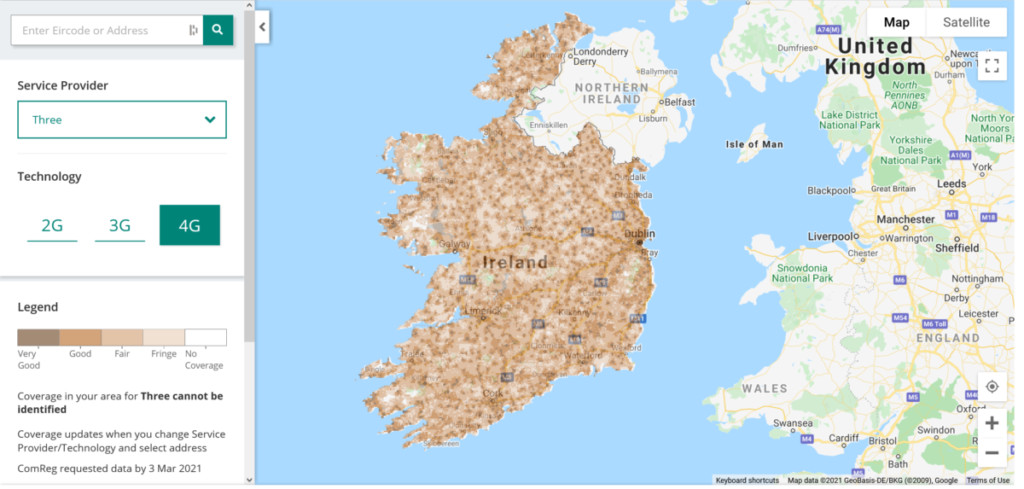 Three Ireland 4G/LTE Coverage Map