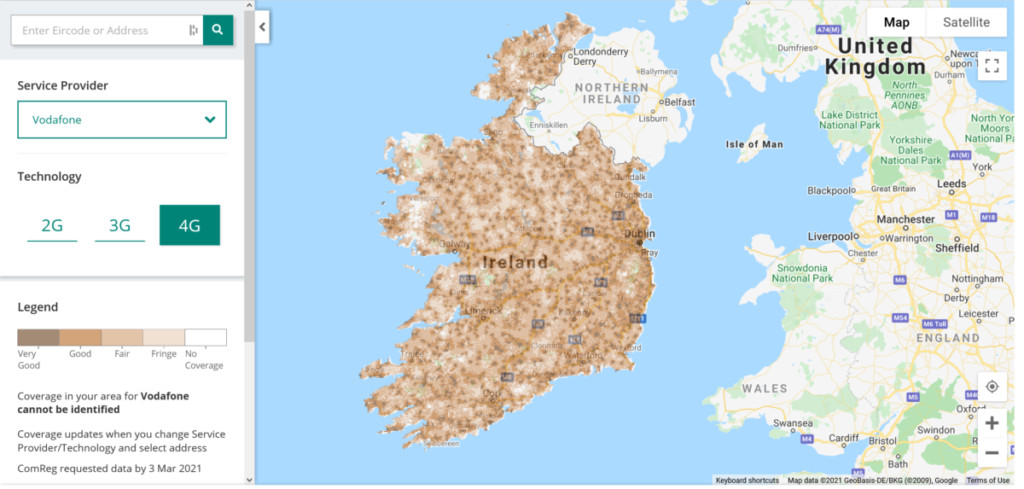 Vodafone Ireland 4G/LTE Coverage Map