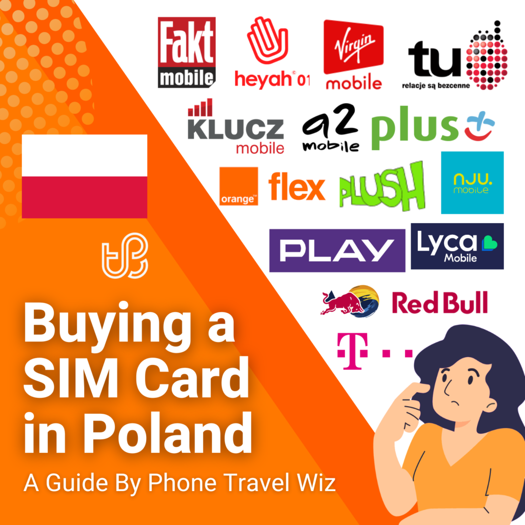 Buying a SIM Card in Poland Guide (logos of Play, Orange, Orange Flex, Red Bull Mobile, Lycamobile, T-Mobile, Plush, TuBiedronka, Plus, Klucz Mobile, Heyah, Fakt Mobile, Nju Mobile & a2mobile)