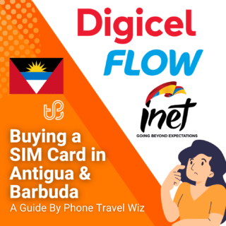 Buying a SIM Card in Antigua & Barbuda Guide (logos of Digicel, Flow & APUA inet)