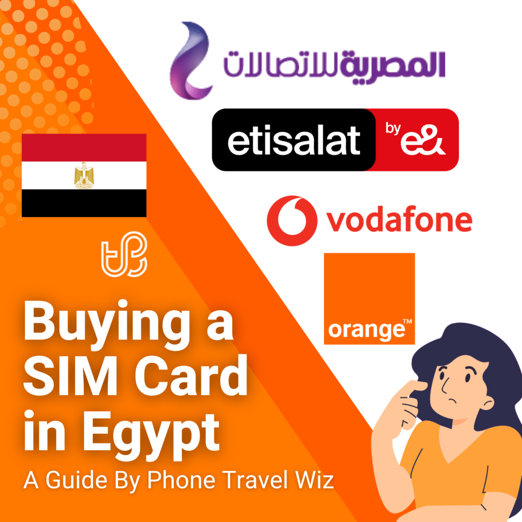 Buying a SIM Card in Egypt Guide (logos of Vodafone, Orange, Etisalat & WE by Telecom Egypt)