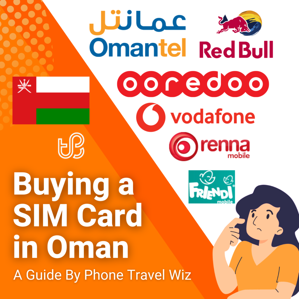 Buying a SIM Card in Oman Guide (Logos of Omantel, Ooredoo, Renna Mobile, RedBull Mobile & Friendi Mobile)