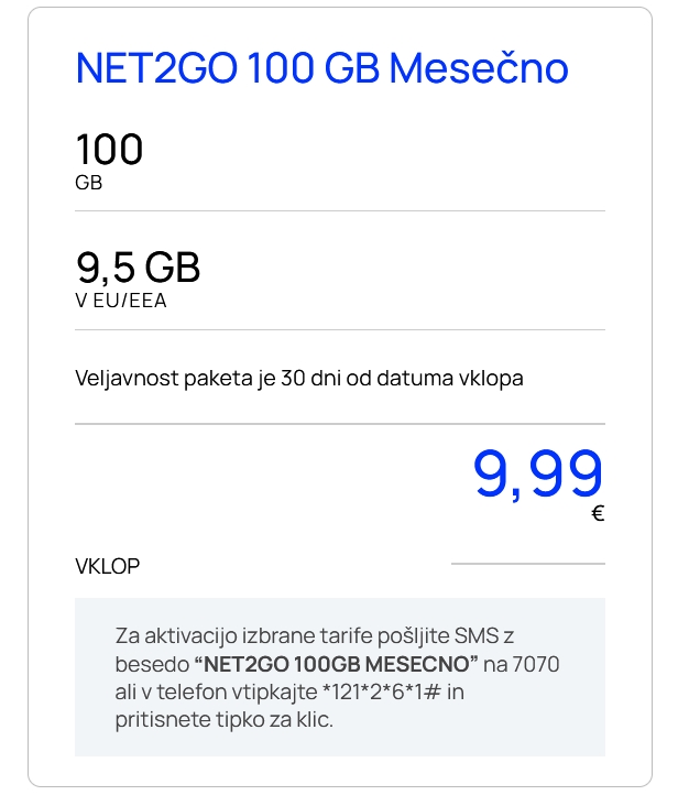 Telemach Slovenia NET2GO Internet Paketi Plan