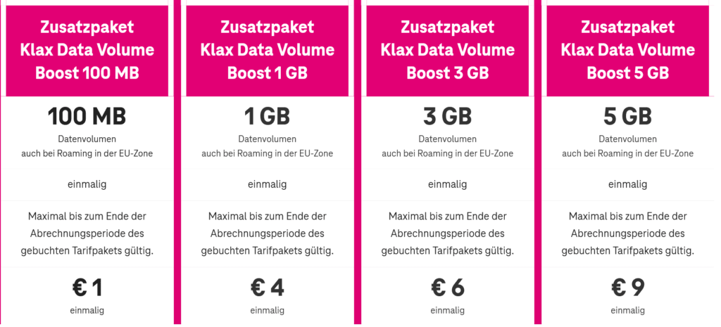 Magenta Telekom Austria Klax Data Volume Boost Add-Ons